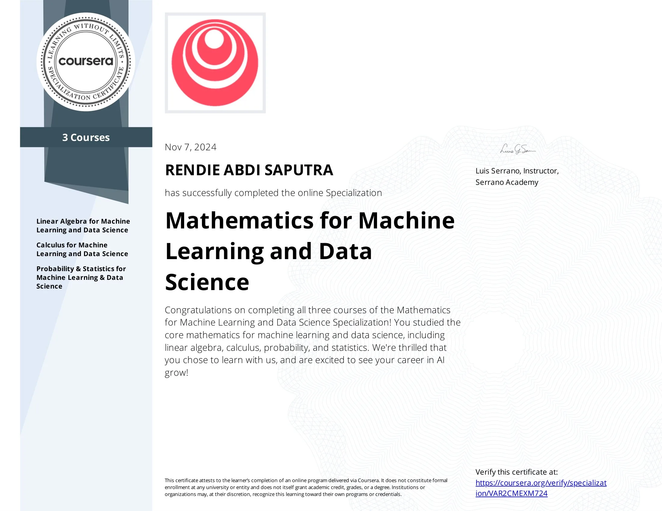 Mathematics for Machine Learning and Data Science Specialization